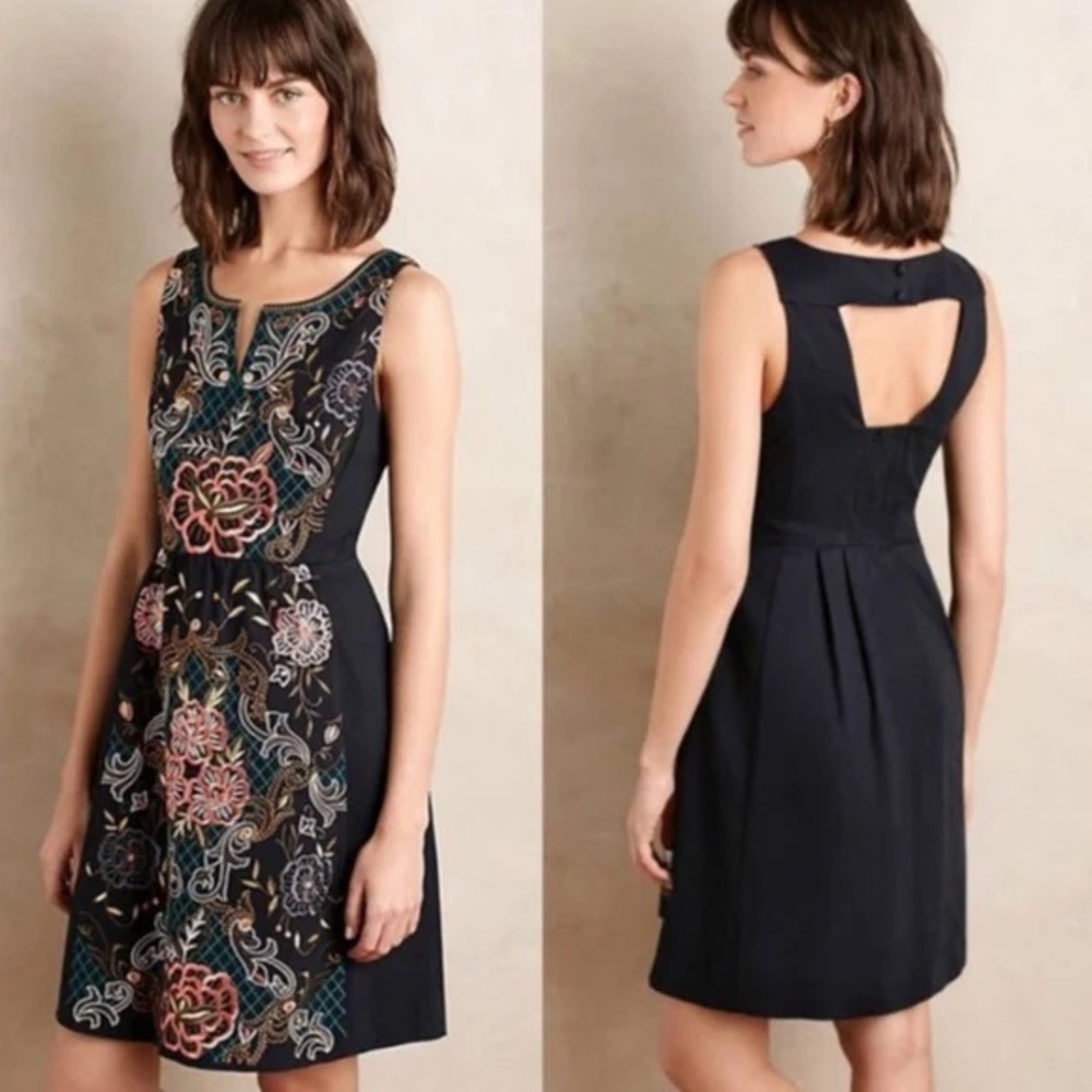 Anthropologie Moulinette Soeurs Embroidered Navy Dress